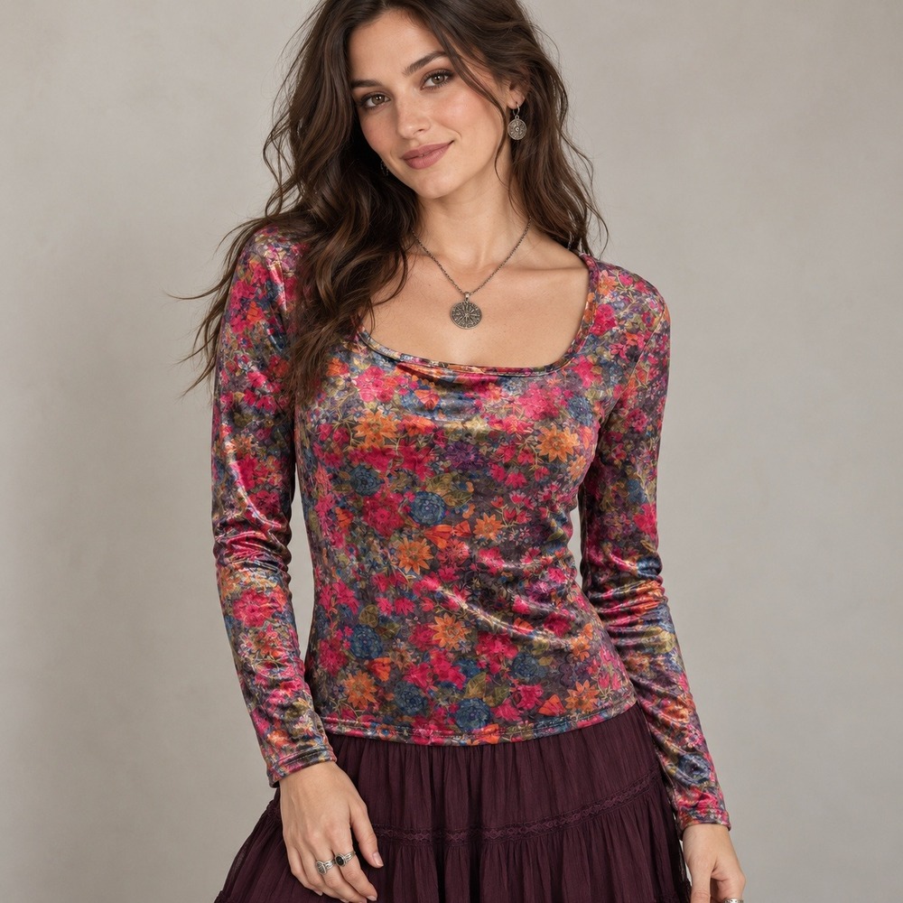 NWT Natural Life Velvet Top Whimsigoth Witchy Boho Y2K Floral Botanical Large
